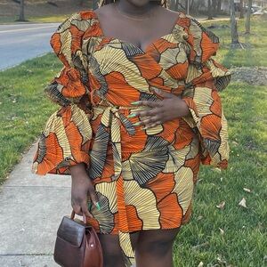 Ofuure Ankara Vibrant Orange and Yellow Patterned Dress